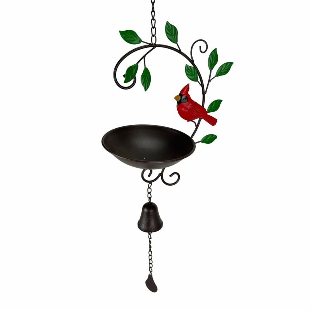 Hanging Cardinal Bird Feeder with Bell Hand Painted Metal 33 Inch Garden Decor